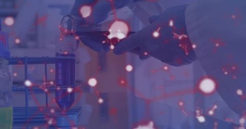 Scientist pouring purple reagent into conical tube with molecular particle overlay