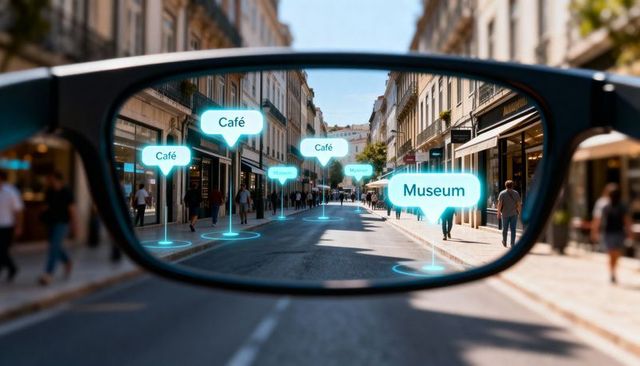 Viewing augmented reality city guide through smart glasses showing café and museum markers