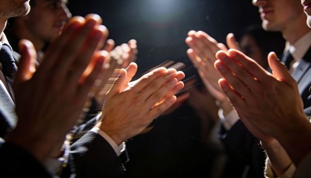 Applauding hands in business suits under spotlight showing appreciation at corporate event