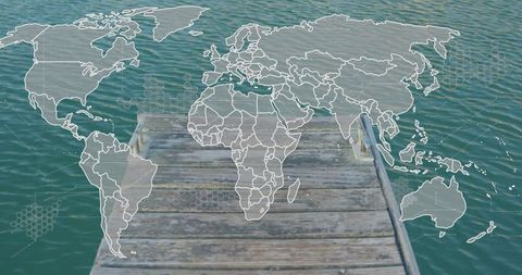 World map overlay on pier with ocean background