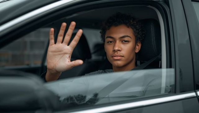 Teen driver waving hand from driver seat through car window, seatbelt fastened