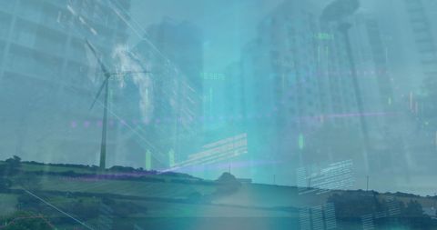 Futuristic Sustainable Energy Concept with Cityscape and Wind Turbine