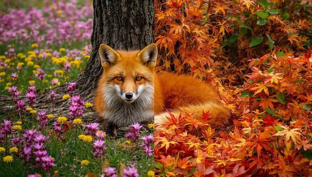 Red fox resting in seasonal transition setting ai-generated composite