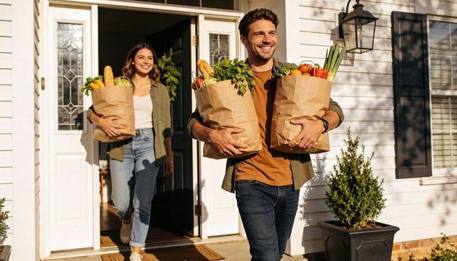 Couple carrying grocery bags on sunlit porch returning from farmers market