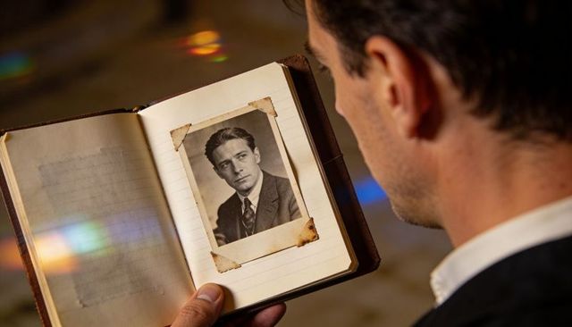Man holding leather journal examining vintage black-and-white portrait in warm interior