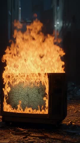 Vertical video of burning CRT television engulfing in flames in dark urban alley