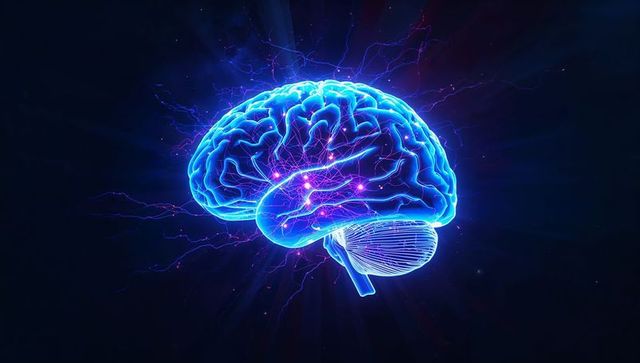 Futuristic Neon Brain with Electric Currents in Digital Space