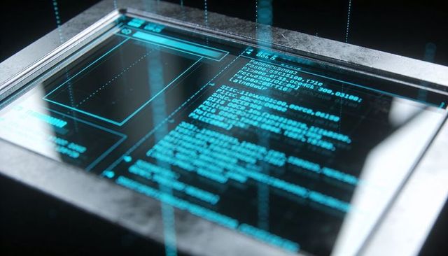 Futuristic glass touchscreen console displaying cyan holographic code neon ui and data rays