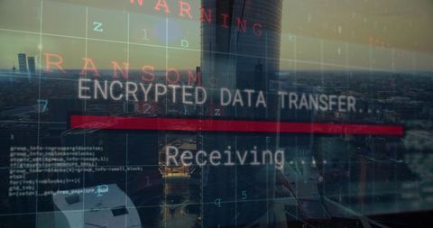 Cybersecurity threats over urban skyline with ransomware and data encryption