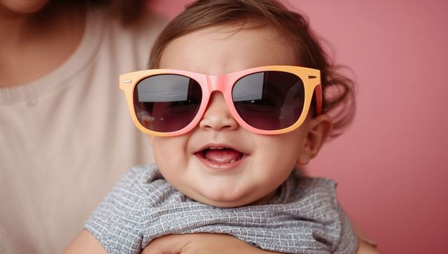 Cheerful baby wearing pink-orange sunglasses being held by parent, closeup studio portrait