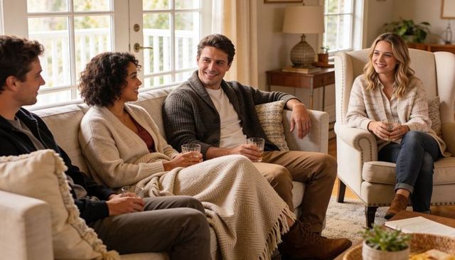 Friends chatting in cozy sunlit living room with neutral decor, blankets and warm drinks