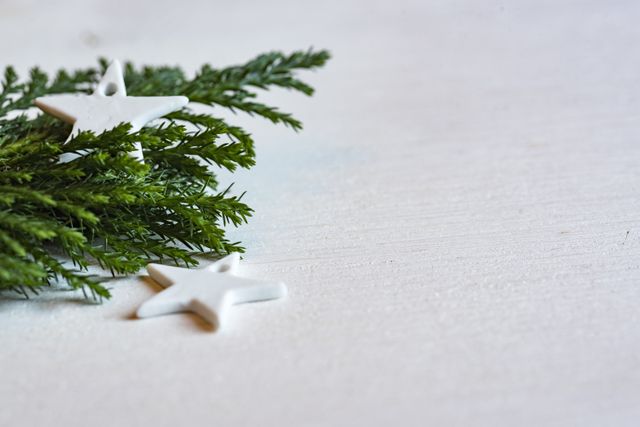 Green fir branch with two small white star ornaments on light wooden surface. Great for holiday decorations, festive themes, winter crafting, textures, backgrounds, and minimalist Christmas designs.