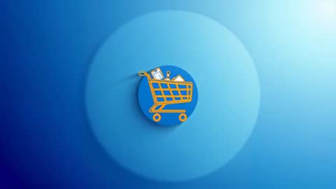Animated Shopping Cart Filling with Products on Blue Background