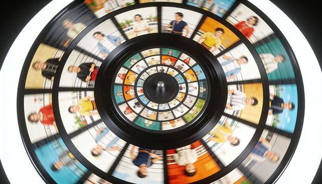 Spinning vinyl portrait wheel with concentric face rings and motion blur