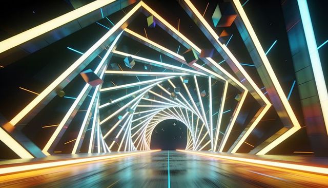 Glowing neon spiral tunnel featuring floating metallic cubes and geometric frames
