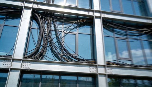 Draping industrial cable bundles across glass facade of modern office building exterior