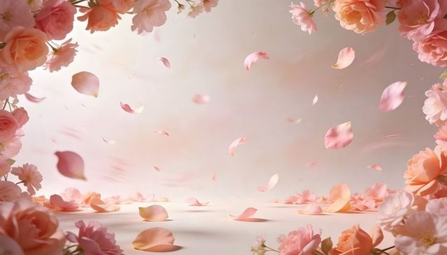 Floating peach-pink rose petals drifting across airy pastel floral backdrop