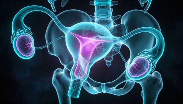 3D medical illustration showing female pelvic anatomy with highlighted uterus and ovaries