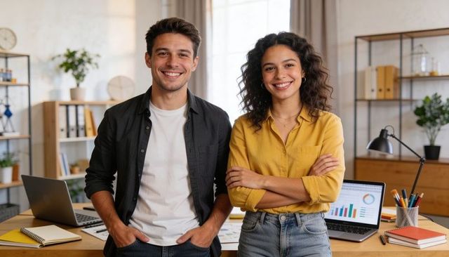 Smiling young professionals in modern startup office with laptops and business charts