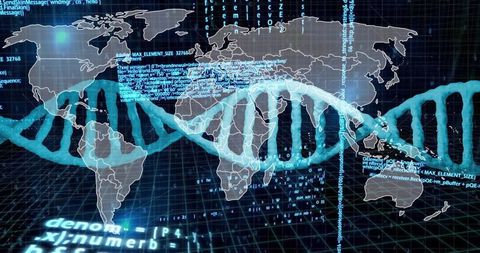 Global DNA Data Network Visualizing Genomic Helix Connecting World Map Through Code