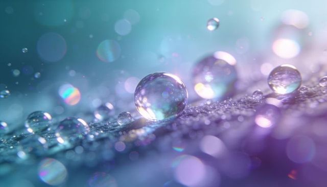 Iridescent water droplets refracting bokeh and prism glow on textured surface macro