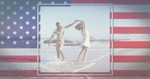 Couple Dancing on Beach with Overlay of American Flag