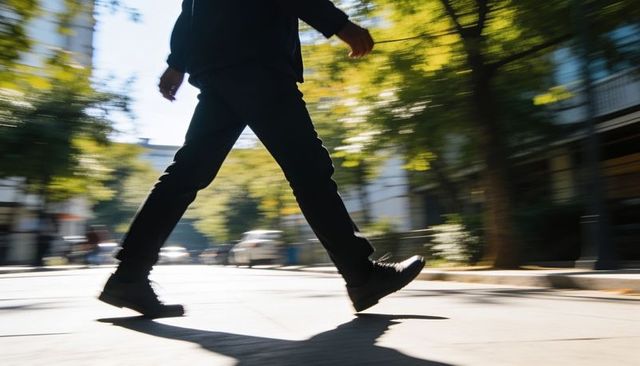 Walking man crossing sunlit city pavement with motion blur and long shadow, urban commute