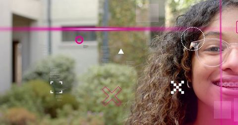 Smiling teen wearing clear glasses and braces with magenta tech overlay and copy space