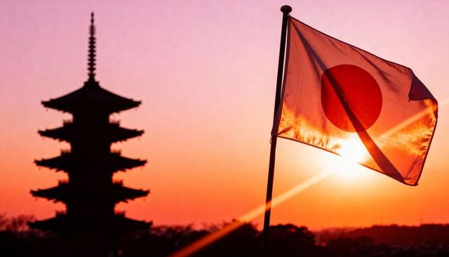 Japanese flag glowing at sunset with five-tier pagoda silhouette and sun flare