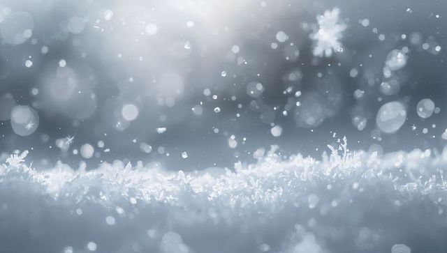 Glittering snow crystal macro scene, soft bokeh, frost texture and falling snowflakes