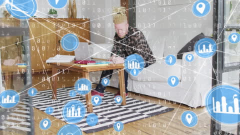 Man in Living Room with Network and Data Animation