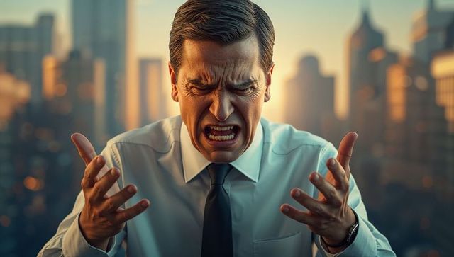 Frustrated businessman shouting on urban rooftop at sunset