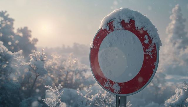 Snow-covered traffic sign on tranquil winter roadside