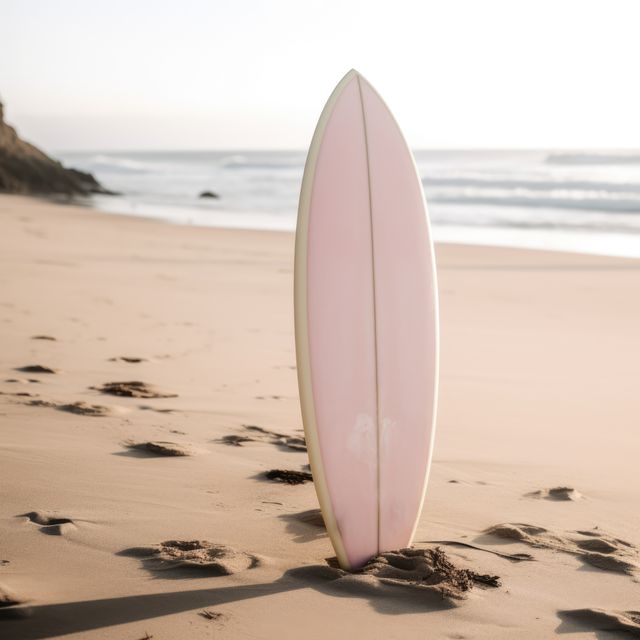 Perched against a sandy beach with ocean waves in the background, this pink surfboard evokes elements of surfing culture, summer leisure, and tranquil Coastal living. Ideal for travel brochures, recreational blogs, water sport advertisements, serene vacation destinations, and outdoor lifestyle promotions.