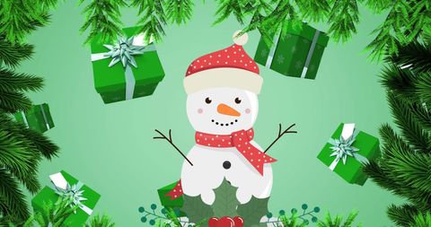 festive snowman surrounded by gifts and fir branches - Download Free Stock Images Pikwizard.com