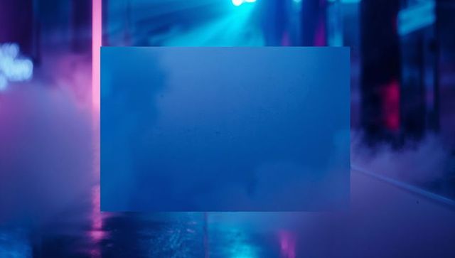 Futuristic neon-lit alley with blue panel reflection