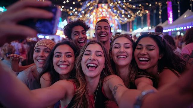 Diverse friends taking selfie at vibrant night festival under string lights, laughing