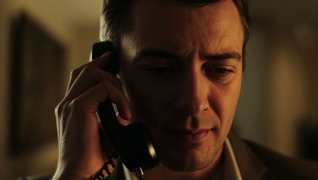 Answering urgent business call on corded handset, portrait of executive in dim urban office