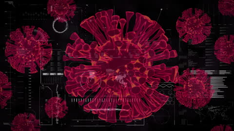 Digital Illustration of COVID-19 Cells with World Map Overlay