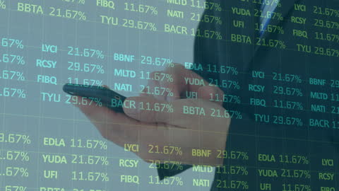 Businessman Using Smartphone with Overlaid Financial Data