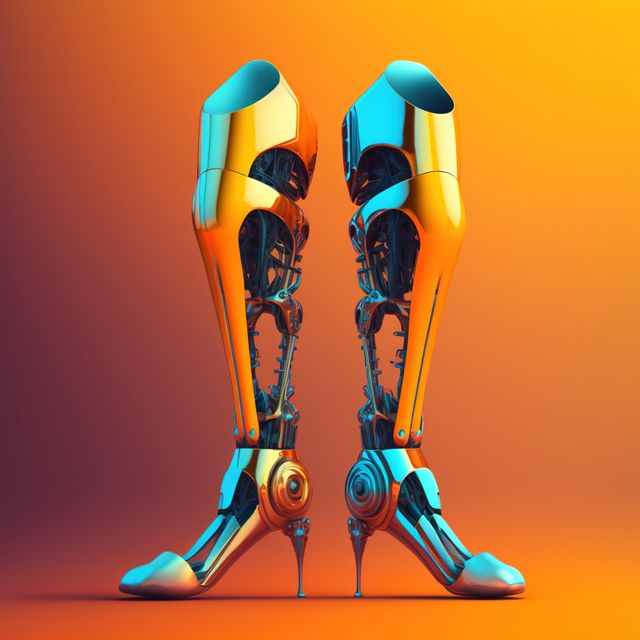 Futuristic robotic legs display mechanical components in shiny metallic finish, standing against a vibrant gradient background. Perfect for illustrating advancements in artificial intelligence, robotics, and prosthetic technology. Ideal for sci-fi themes, technological innovations, and digital art designs.