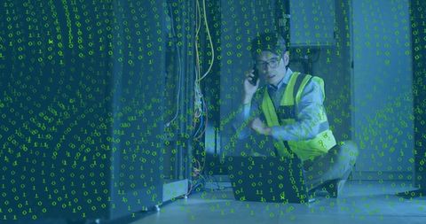 Technician inspects server room cables amid binary code overlay