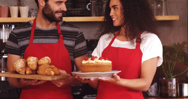 Happy diverse female and male barista holding cake and croissants in cafe. Business, work, drink and cafe, unaltered.