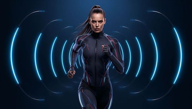 Female sprinter running through neon tech tunnel wearing futuristic performance suit