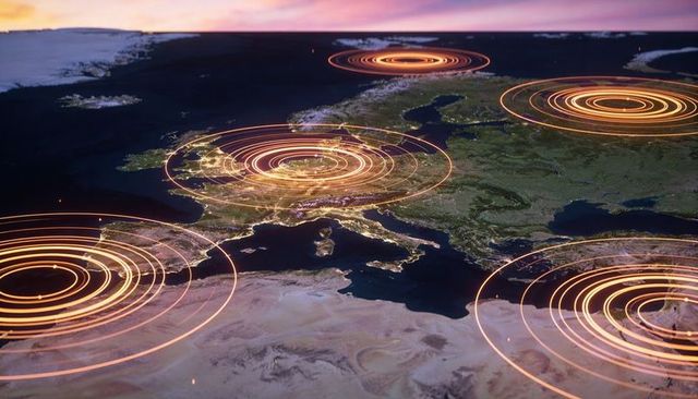 Visualizing European Network with Glowing Data Rings and City Lights at Dusk