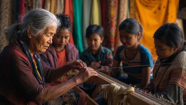 Senior weaver teaching textile art to inspiring young girls