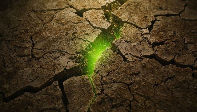 Emerald glow emitting from cracking parched soil fissure with floating luminous sparks