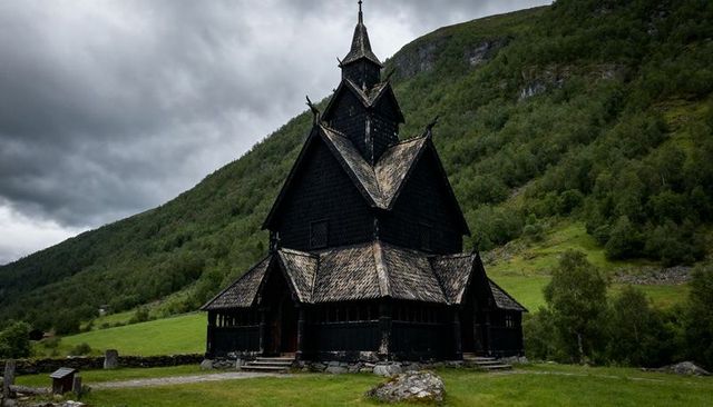 Dark Norwegian Stave Church Standing under Storm Clouds in Lush Mountain Valley