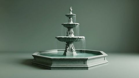 Three-tier stone fountain streaming water in elegant studio space