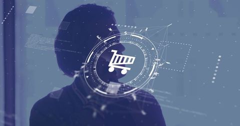 Silhouette Businessman Viewing Augmented Reality Shopping Cart HUD for E-commerce Strategy